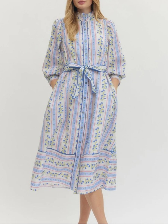 entro Dresses & Skirts - New Boho Cottagecore Blue Floral & Stripe Midi Shirt Dress with Bow tie waist